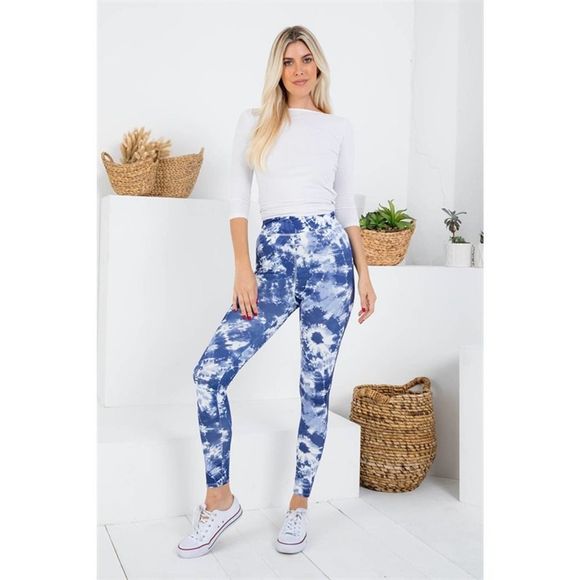 Navy White Tie Dye High Waist Leggings L - Picture 1 of 7